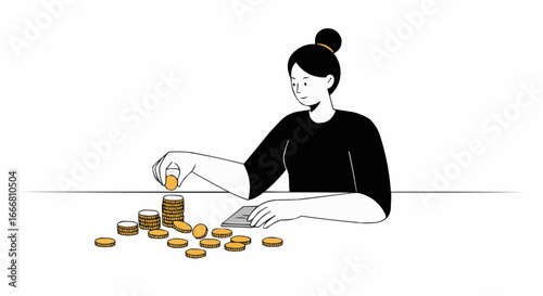Woman counting coins while sitting at a table in minimalist style  