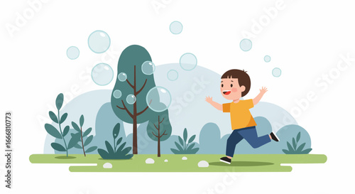 Happy child running and playing with bubbles in a green park  