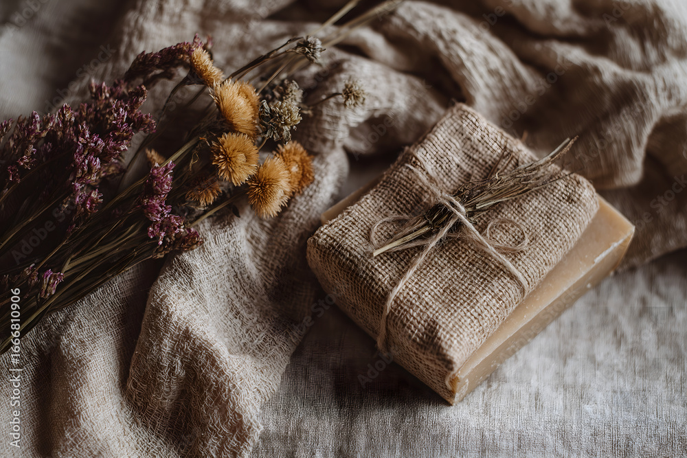 Fototapeta premium Handcrafted soap rests with dried herbs on linen, evoking sense of natural beauty and simple pleasures