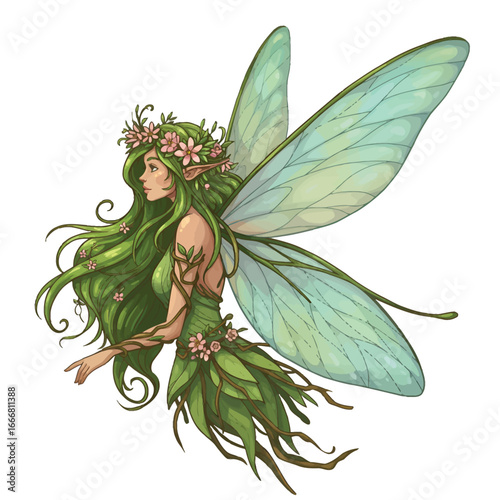 Beautiful nature fairy with long green hair a leaf dress and delicate translucent wings.