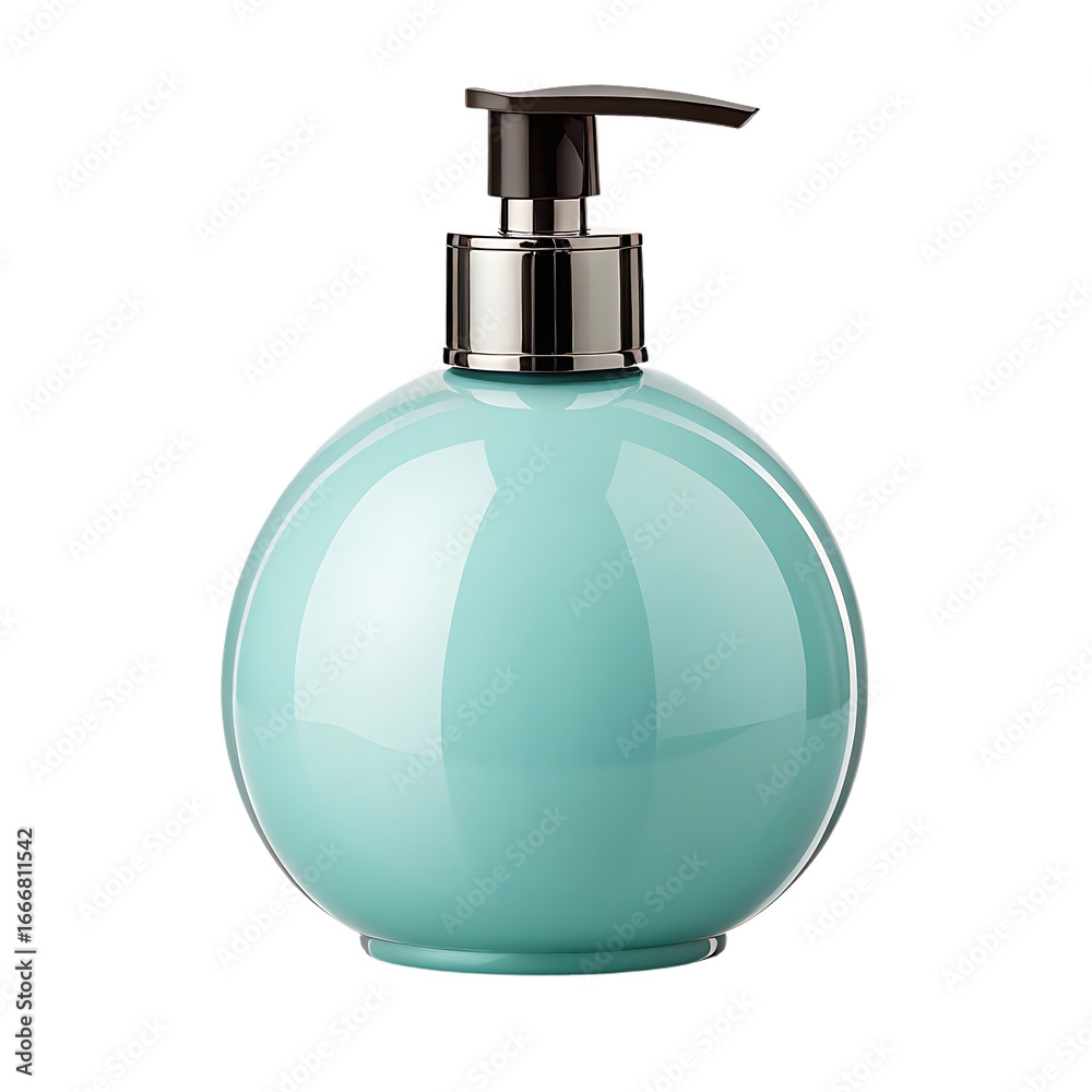 Fototapeta premium Shiny turquoise round soap dispenser with chrome pump detail transparent background