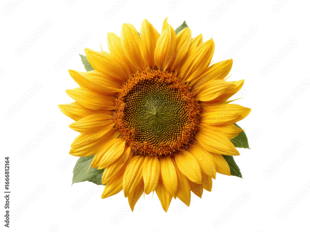 Obraz premium Single bright yellow sunflower with green leaves and water droplets on black background bloom, Isolated On Png Transparent Background