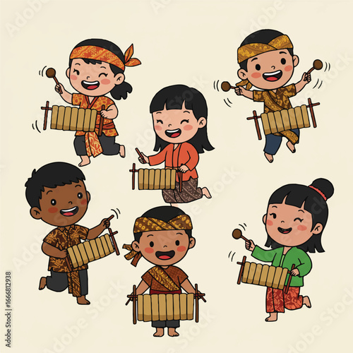 Smiling multi-ethnic Indonesian children joyfully learn to play the traditional angklung musical instrument in a soft cartoon style vector illustration, celebrating cultural harmony.