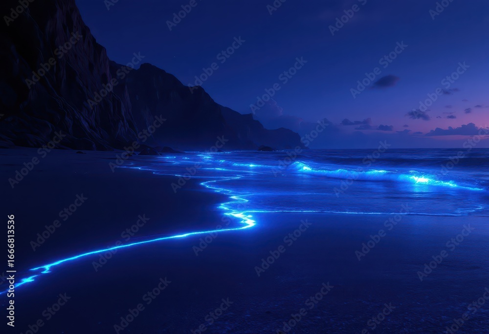 Fototapeta premium Dark, dramatic coastal scene at twilight. Bio-luminescent waves glow electric blue, tracing the shoreline beneath imposing, silhouetted cliffs against a deep twilight sky