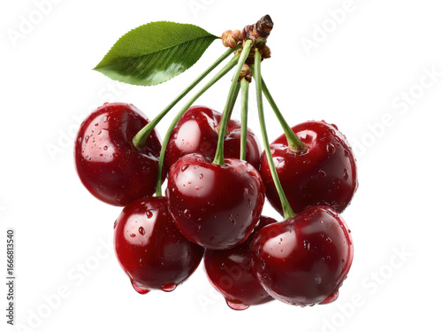 Red cherries with a green leaf and water droplets on a black background cherry fruit, Isolated On Png Transparent Background