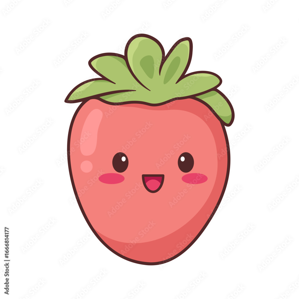 Obraz premium Cute Kawaii Strawberry Character with Happy Smiling Face and Rosy Cheeks, Expressing Joy and Cheerfulness