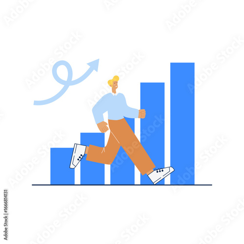 Man running up a bar chart representing growth and success with an upward trending arrow indicating progress and achievement in business or personal development