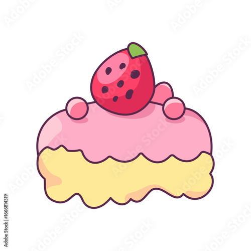 Sweet cartoon slice of cake with strawberry and pink frosting decorated with cream puffs and a yellow base, perfect for baking themes and children's designs.