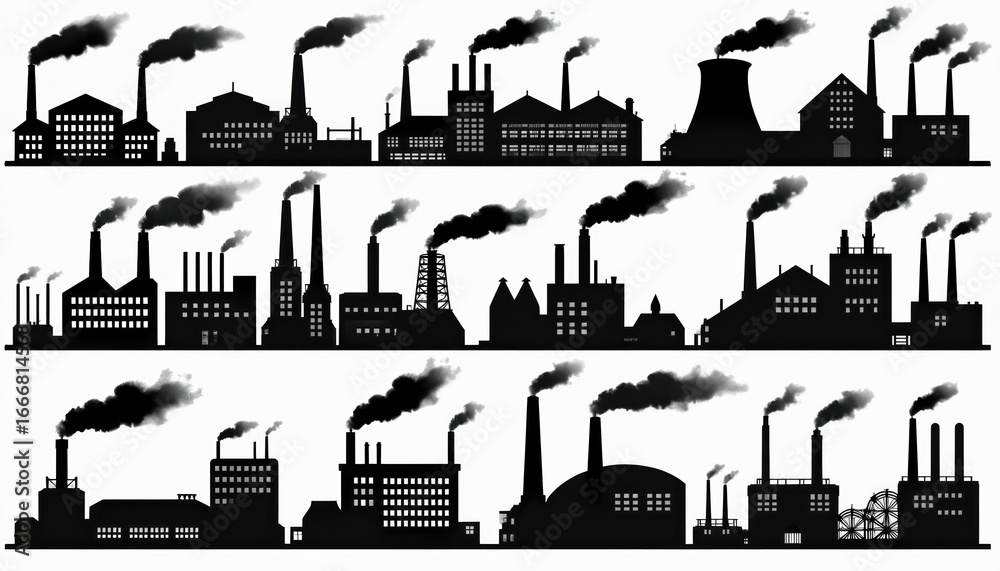 Obraz premium Collection of industrial factory, power plant silhouettes emit smoke from chimneys. Icons showcase various structures like oil refineries, nuclear power stations, industrial plants, representing