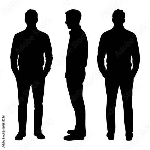 A set of high-quality vector silhouettes of a man standing in front, side, and back poses