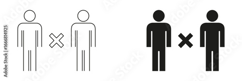 Two People With Cross Symbol Icon. Social Distancing, Separation, And Isolation Outline And Silhouette Symbol Collection. Public Health Safety Measures. Isolated Vector Illustration