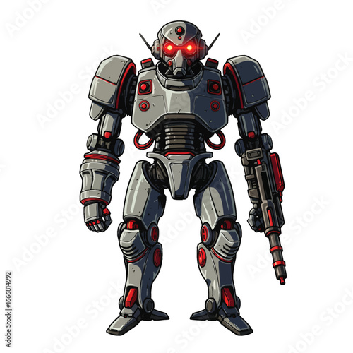 Heavily armored humanoid combat robot with glowing red eyes and a laser gun arm.