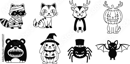 Halloween animals cute vector illustration spooky season black and white