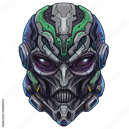 Futuristic mecha alien head with glowing purple eyes and green armor plating.