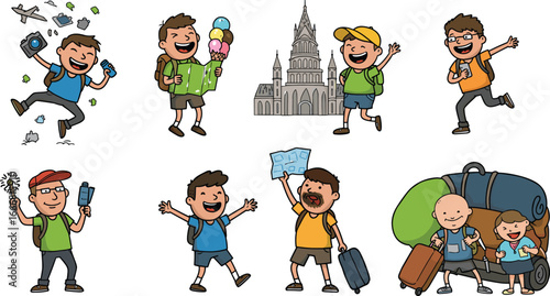 Cartoon traveler characters, exploring world, holding map, taking photos, backpacking, sightseeing, family travel, adventure tourism, happy tourists