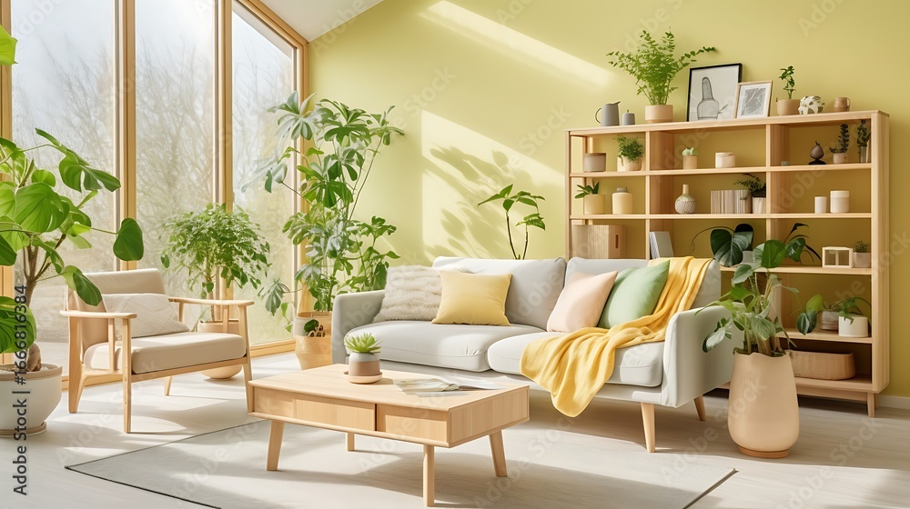 Fototapeta premium Scandinavian-style living room with light green walls, a soft yellow fabric couch, a light wood coffee table, indoor plants, and sunlight streaming through a large window.