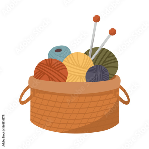 Basket with balls of yarn in different colors, blue, red, yellow and two knitting needles. 
