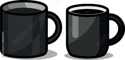 A simple black ceramic coffee mug with a handle sits isolated on a white surface