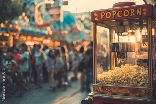 Classic popcorn machine filled with fresh popcorn lit by sunset, bustling fairground crowd blurred in warm background.
