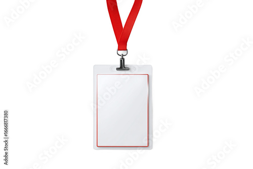 Blank ID Card Badge with Red Lanyard, isolated on white transparent background