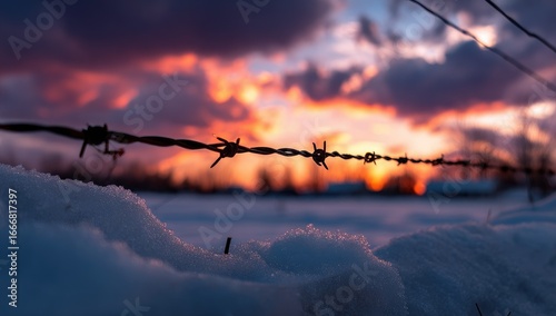 Barbed wire fence at sunset through snow