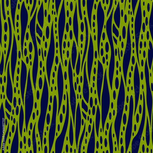 Abstract organic wavy lines with circular perforations seamless pattern in vibrant green and deep blue