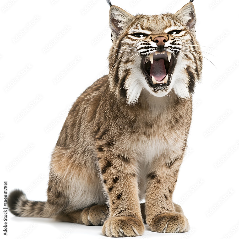 Obraz premium Bobcat with mouth open and teeth bared on white background