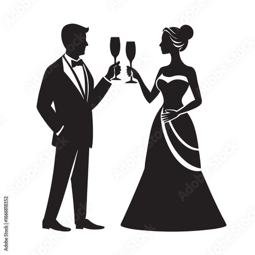 Romantic Couple Toasting Glasses Silhouette Vector Design