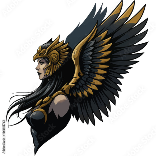 Profile illustration of a winged warrior woman with a golden bird helmet and large black and gold feathers.