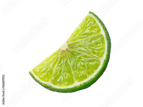 A single wedge of bright green lime with visible pulp and rind on a black background citrus fruit, Isolated On Png Transparent Background