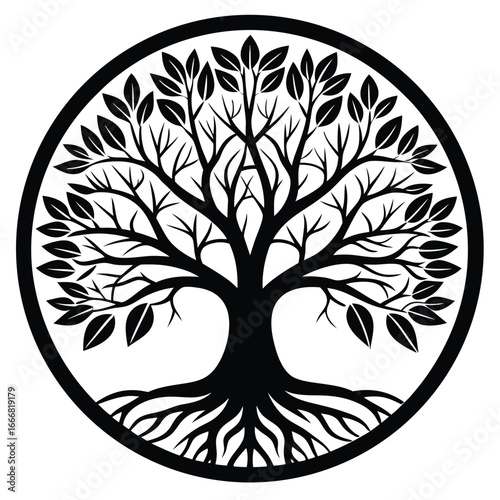 Black and White Tree of Life Silhouette with Roots and Leaves in Circle