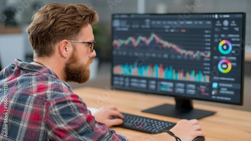 Young analyst examines financial data on trading monitor in modern office