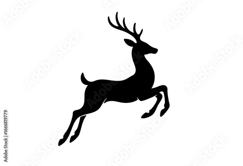 A dynamic black silhouette icon of a stylized cartoon deer or reindeer jumping gracefully