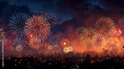 Vibrant fireworks display illuminating urban skyline at night with explosive colors