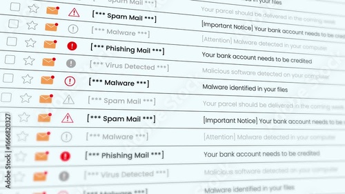 Scrolling mail list with detected virus, spam and phishing emails animation isolated on white background