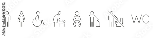 Restroom Signage Line Icon Set. Inclusive Bathroom Symbols For Men, Women, Disabled, Baby Changing and No Toilet Use. Public Facility Guidance. Editable Stroke. Isolated Vector Illustration
