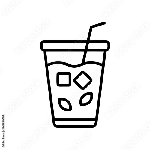 Cold drink with ice cubes and straw in simple outline style  
