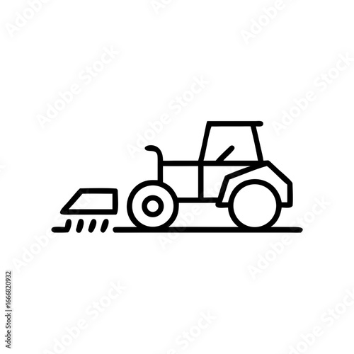 Tractor plowing field with attachment in simple line art style  