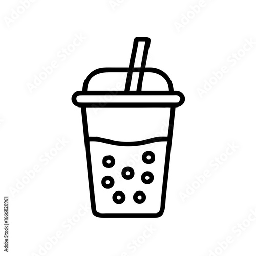 Line art illustration of a cup with bubble tea and straw  