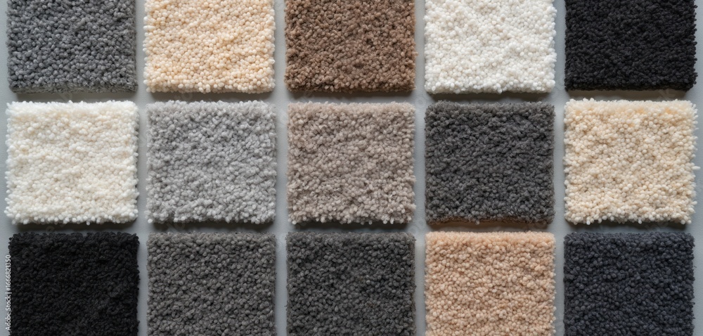 Fototapeta premium Collection of carpet texture samples. Fifteen swatches display neutral shades including grey, beige, brown, black. Close-up detail of fabric material, pile, fiber variations. Ideal for interior