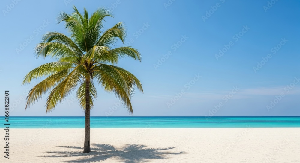 Fototapeta premium A vibrant image of a palm tree casting a shadow on a sandy beach with the ocean in the background.