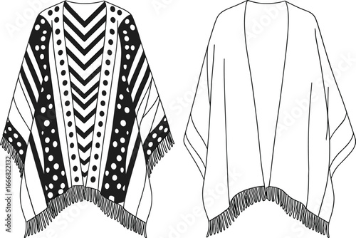 patterned poncho design, plain fringe poncho, chevron polka dot stripe, bohemian fashion flat sketch, cultural garment vector illustration, sewing pattern template, apparel design