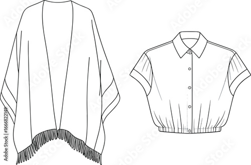 open front fringe poncho, short sleeve button up blouse, gathered waistband pleats, collar and cuff detail, fashion flat sketch, garment vector illustration, sewing pattern template