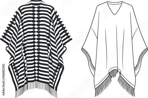 striped poncho design, plain fringe poncho, v neck garment illustration, bohemian fashion flat sketch, cultural clothing template, vector drawing, sewing pattern, apparel design, textile pattern art
