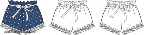 women’s high waist shorts, ruffle waistband bow tie, fringe hem detail, polka dot and plain design, summer fashion flat sketch, garment vector illustration, sewing pattern template