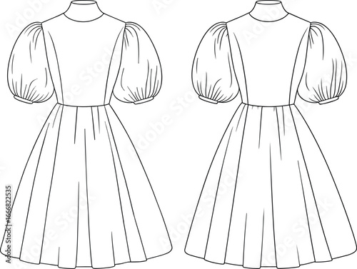 puff sleeve dress, high neck bodice, flared skirt design, fashion flat sketch, garment technical drawing, vector illustration, sewing pattern, apparel design template