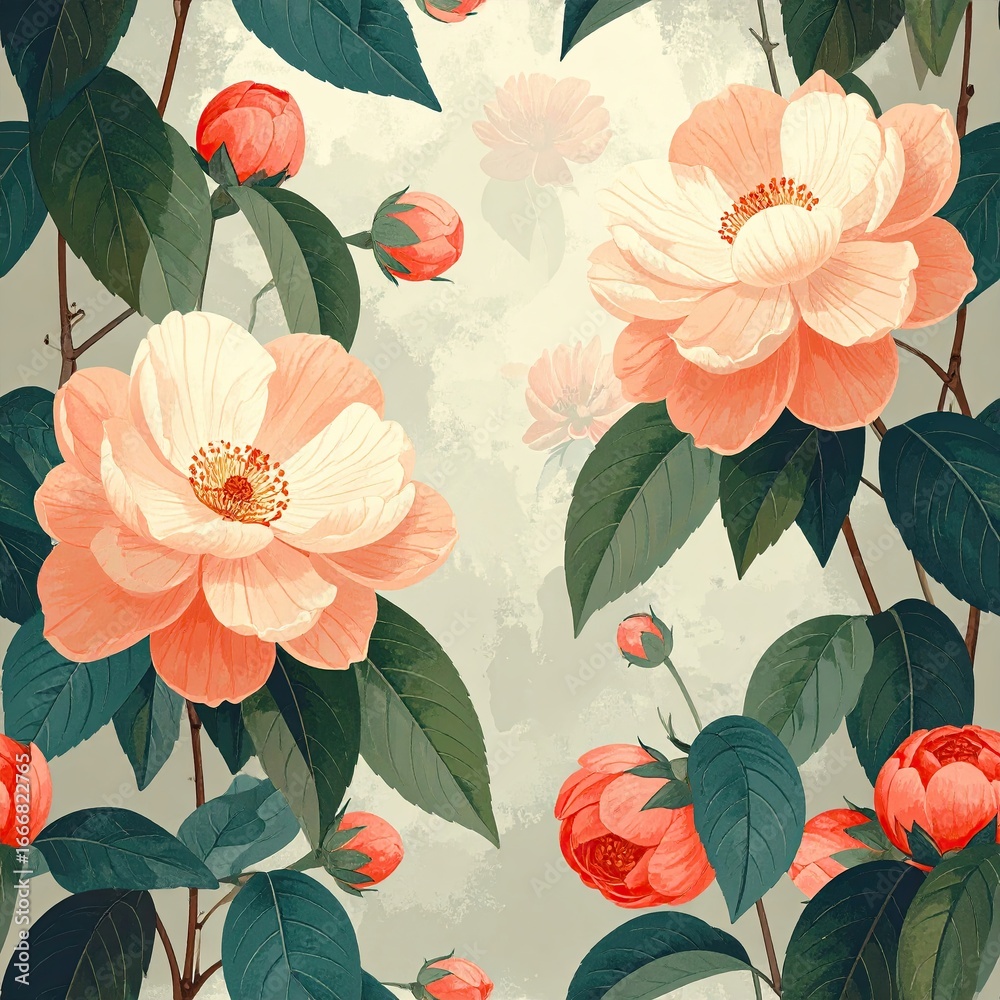 custom made wallpaper toronto digitalElegant Floral Pattern Design, Vintage Charm, Peach and Cream, Illustration, Botanical Art, Peaceful Atmosphere