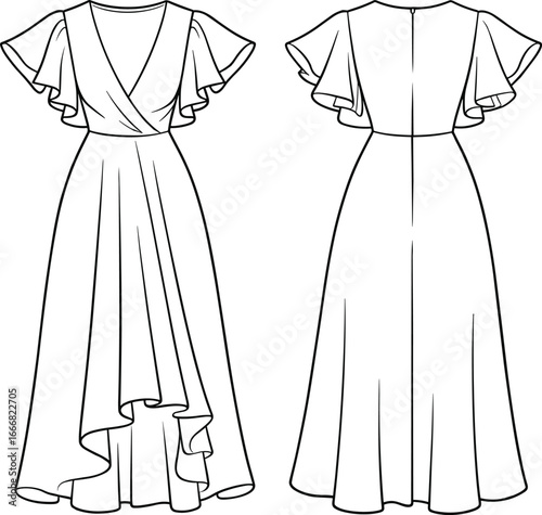 women’s dress front and back view, deep v neck, flutter sleeves, high low hemline, pleated skirt, fitted bodice, cad drawing vector illustration