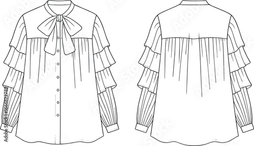 women’s blouse front and back view, bow tie neck, tiered ruffle sleeves, pleated long sleeves, button down, technical flat fashion vector, apparel design template illustration
