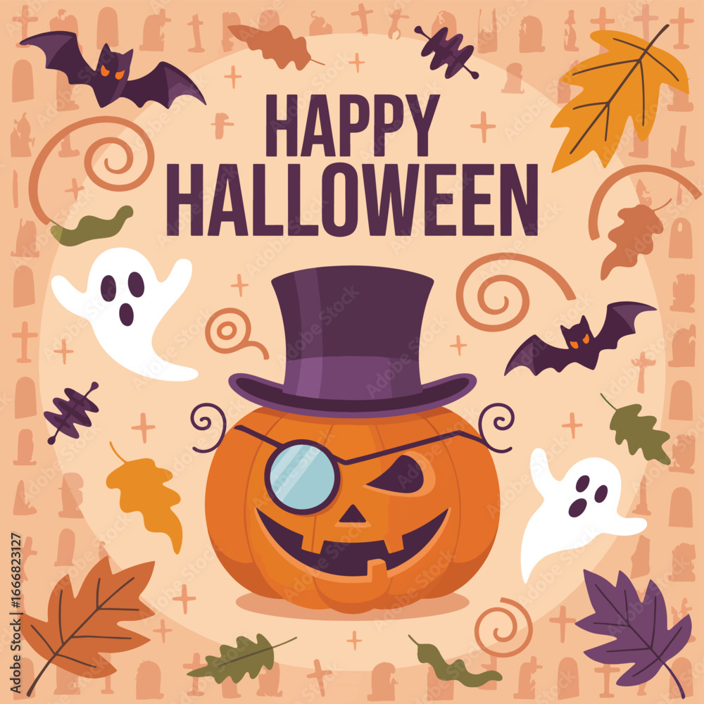 Obraz premium Flat Happy Halloween vector illustration background